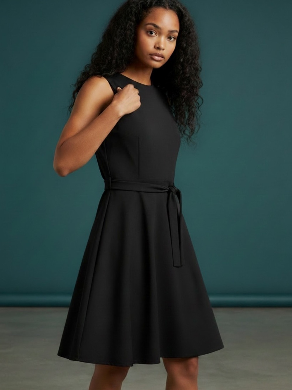 Classic Sleeveless Black A-Line Dress with Self Tie Belt